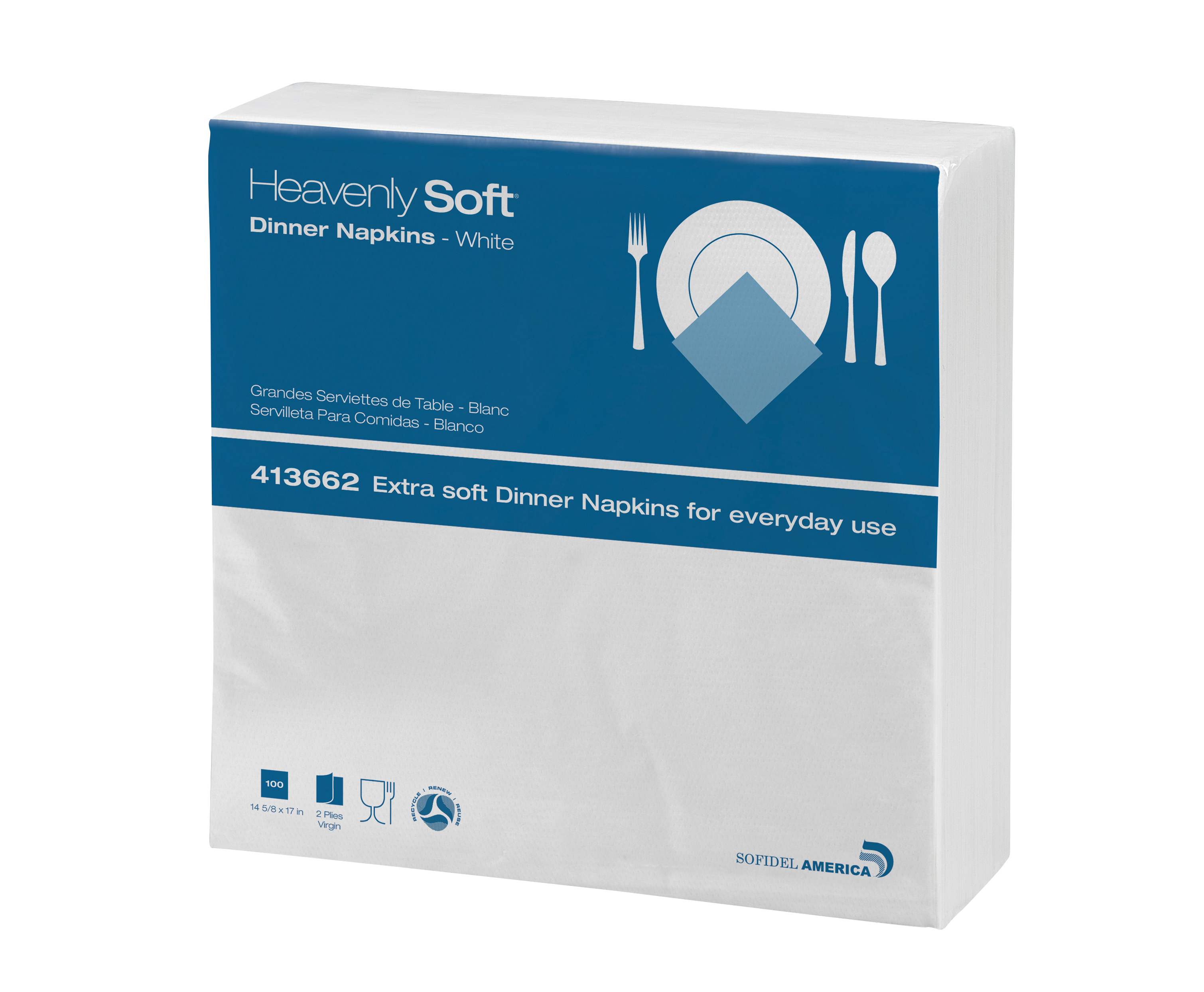 Heavenly Soft Dinner Napkin
2 ply 14 5/8&quot; x 17&quot;  1/4 fold
3000 ct