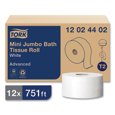 Tork Advanced Mini-Jumbo Roll 
Bath Tissue, 2ply, White, 
751ft - (12/cs)