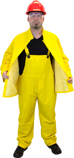 35 MIL HEAVY WEIGHT PVC,
REINFORCED WITH POLYESTER,
3 PIECE RAIN SUIT (HOOD,
JACKET, PANTS) - (20/cs)
