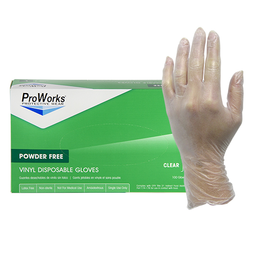 ProWorks Vinyl Clear Powder 
Free Gloves, Medium, 100/bx - 
(10/cs) 
